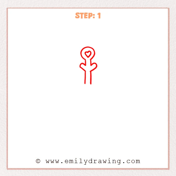 how to draw a cartoon snowflake - A cute cartoon snowflake base with a round center, a small heart inside, and a first straight arm with two side branches.